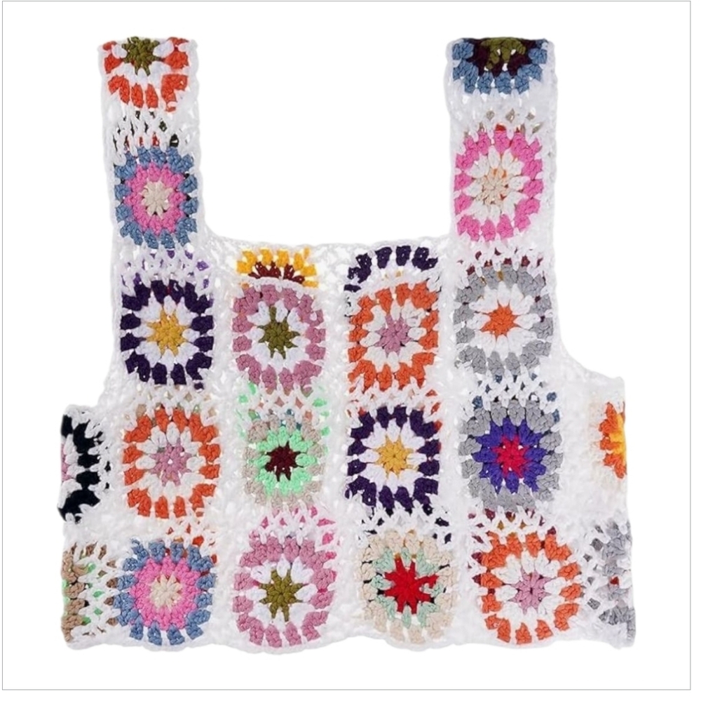 Summer Crochet Tank Top Colorful Floral Embroidery